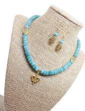Load image into Gallery viewer, Aqua Bead Gold Fleur-de-lis Necklace & Earring Set