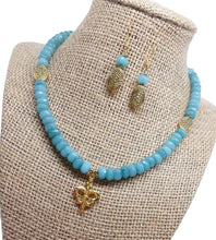 Load image into Gallery viewer, Aqua Bead Gold Fleur-de-lis Necklace & Earring Set