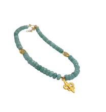 Load image into Gallery viewer, Aqua Bead Gold Fleur-de-lis Necklace &amp; Earring Set
