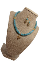 Load image into Gallery viewer, Aqua Bead Gold Fleur-de-lis Necklace &amp; Earring Set
