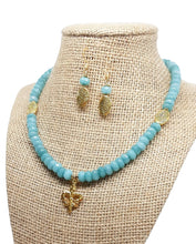 Load image into Gallery viewer, Aqua Bead Gold Fleur-de-lis Necklace &amp; Earring Set
