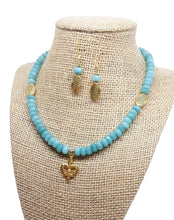 Load image into Gallery viewer, Aqua Bead Gold Fleur-de-lis Necklace &amp; Earring Set
