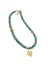 Load image into Gallery viewer, Aqua Bead Gold Fleur-de-lis Necklace &amp; Earring Set
