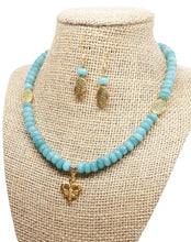 Load image into Gallery viewer, Aqua Bead Gold Fleur-de-lis Necklace &amp; Earring Set
